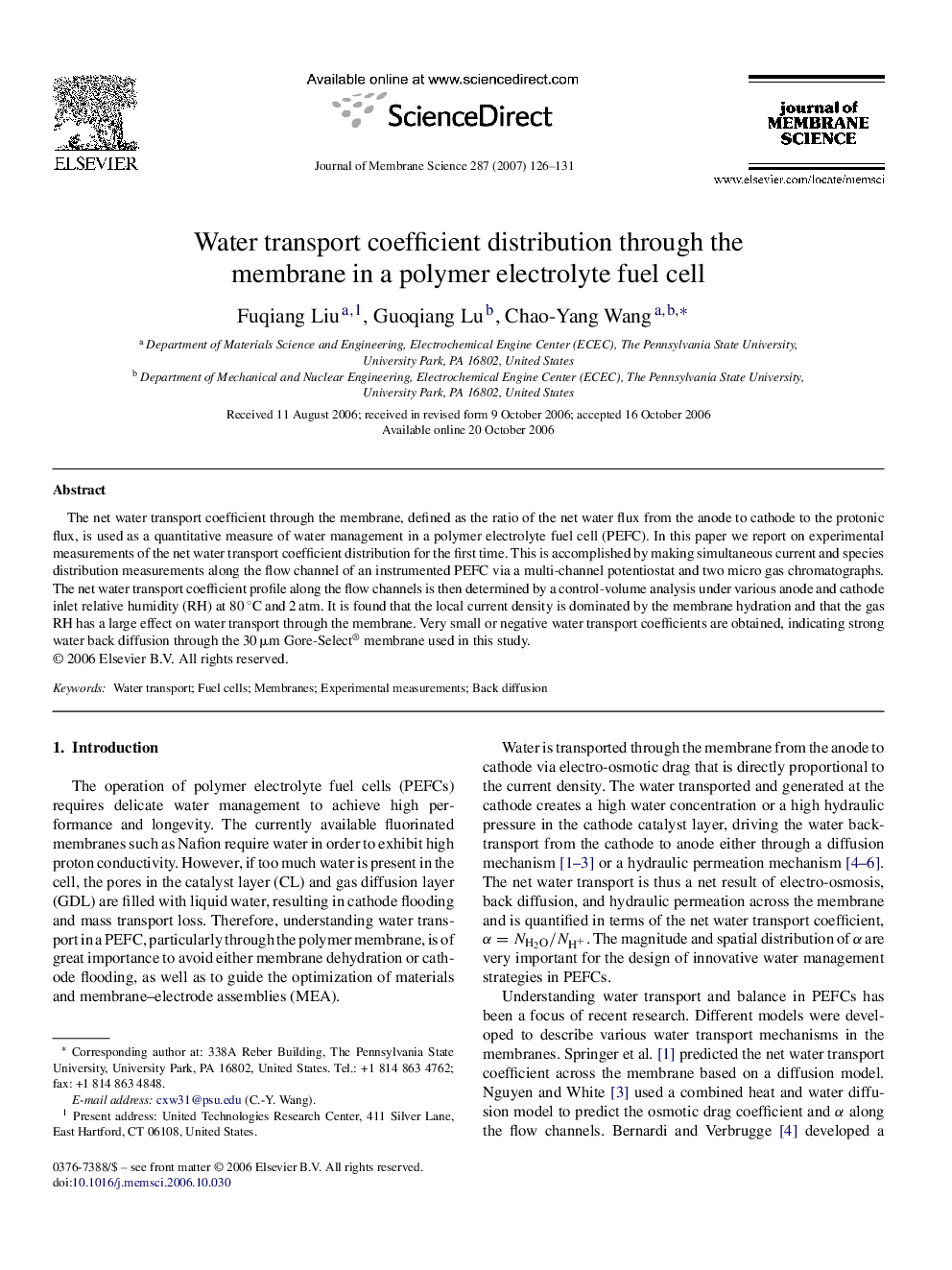 Water transport coefficient distribution through the membrane in a polymer electrolyte fuel cell