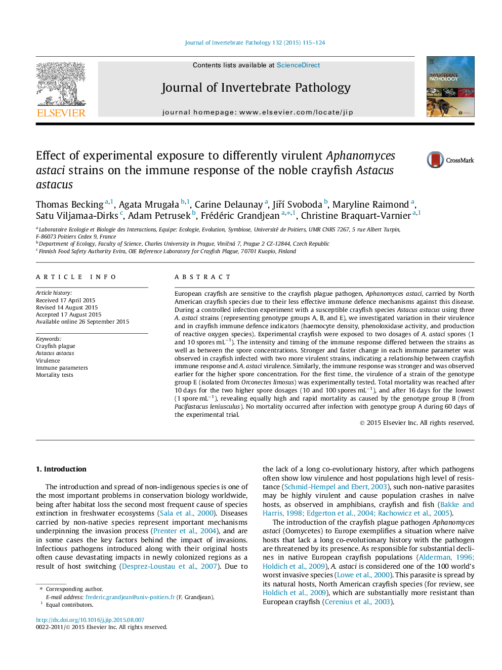 Effect of experimental exposure to differently virulent Aphanomyces astaci strains on the immune response of the noble crayfish Astacus astacus