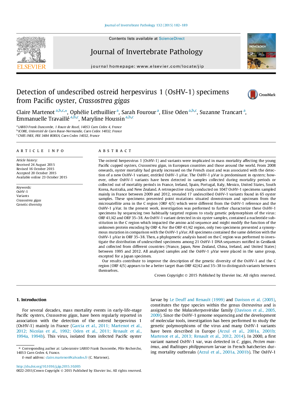 Detection of undescribed ostreid herpesvirus 1 (OsHV-1) specimens from Pacific oyster, Crassostrea gigas