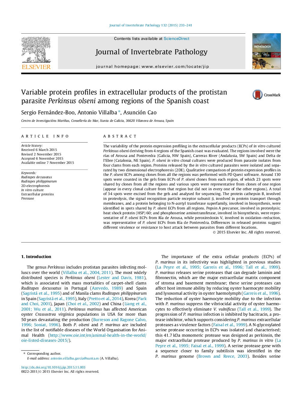 Variable protein profiles in extracellular products of the protistan parasite Perkinsus olseni among regions of the Spanish coast