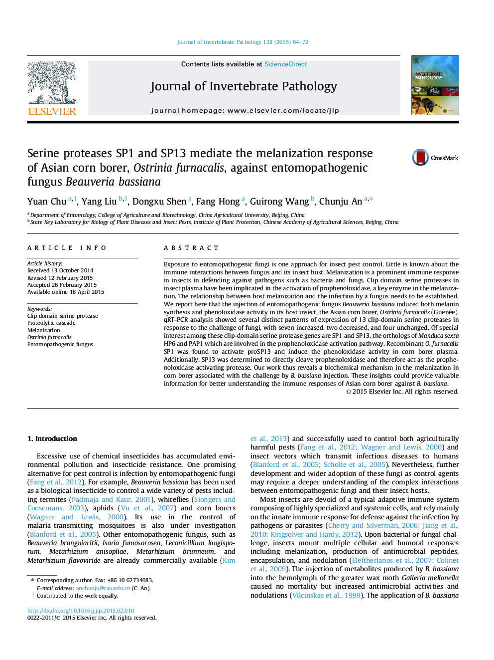 Serine proteases SP1 and SP13 mediate the melanization response of Asian corn borer, Ostrinia furnacalis, against entomopathogenic fungus Beauveria bassiana