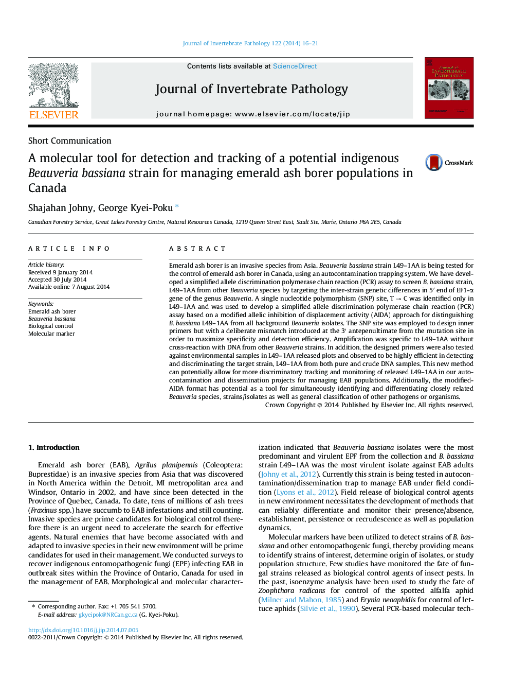 Short CommunicationA molecular tool for detection and tracking of a potential indigenous Beauveria bassiana strain for managing emerald ash borer populations in Canada