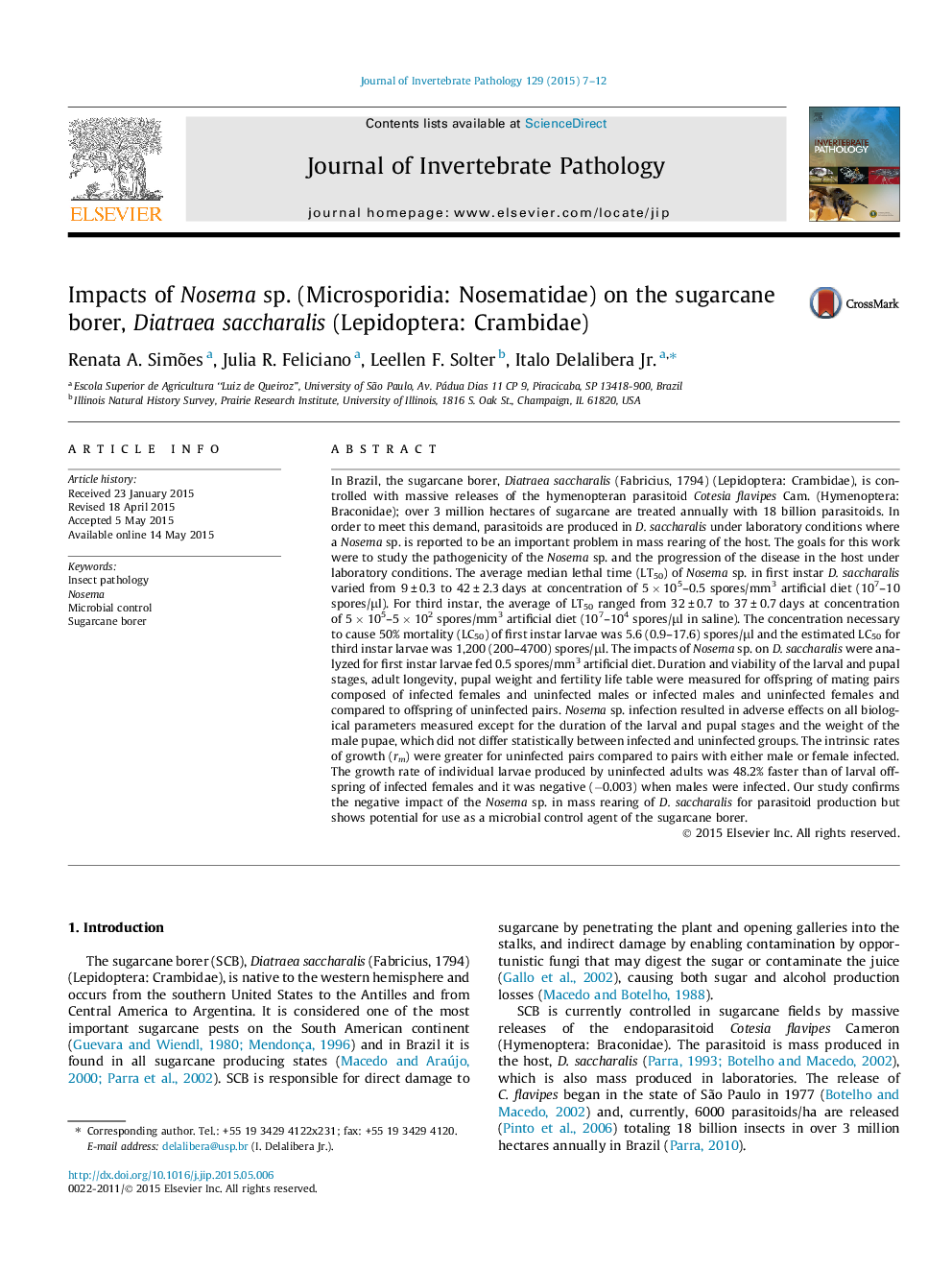 Impacts of Nosema sp. (Microsporidia: Nosematidae) on the sugarcane borer, Diatraea saccharalis (Lepidoptera: Crambidae)