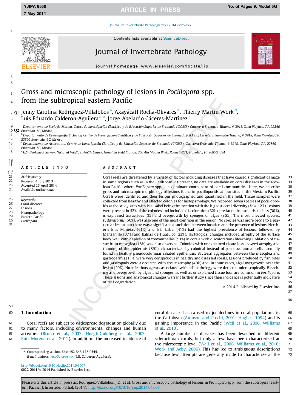 Gross and microscopic pathology of lesions in Pocillopora spp. from the subtropical eastern Pacific