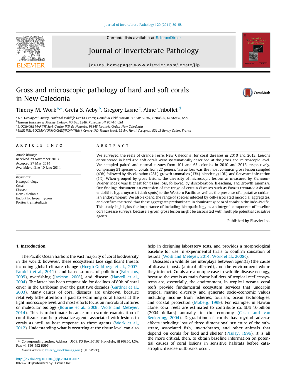 Gross and microscopic pathology of hard and soft corals in New Caledonia