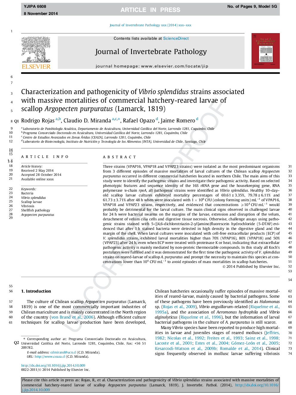 Characterization and pathogenicity of Vibrio splendidus strains associated with massive mortalities of commercial hatchery-reared larvae of scallop Argopecten purpuratus (Lamarck, 1819)