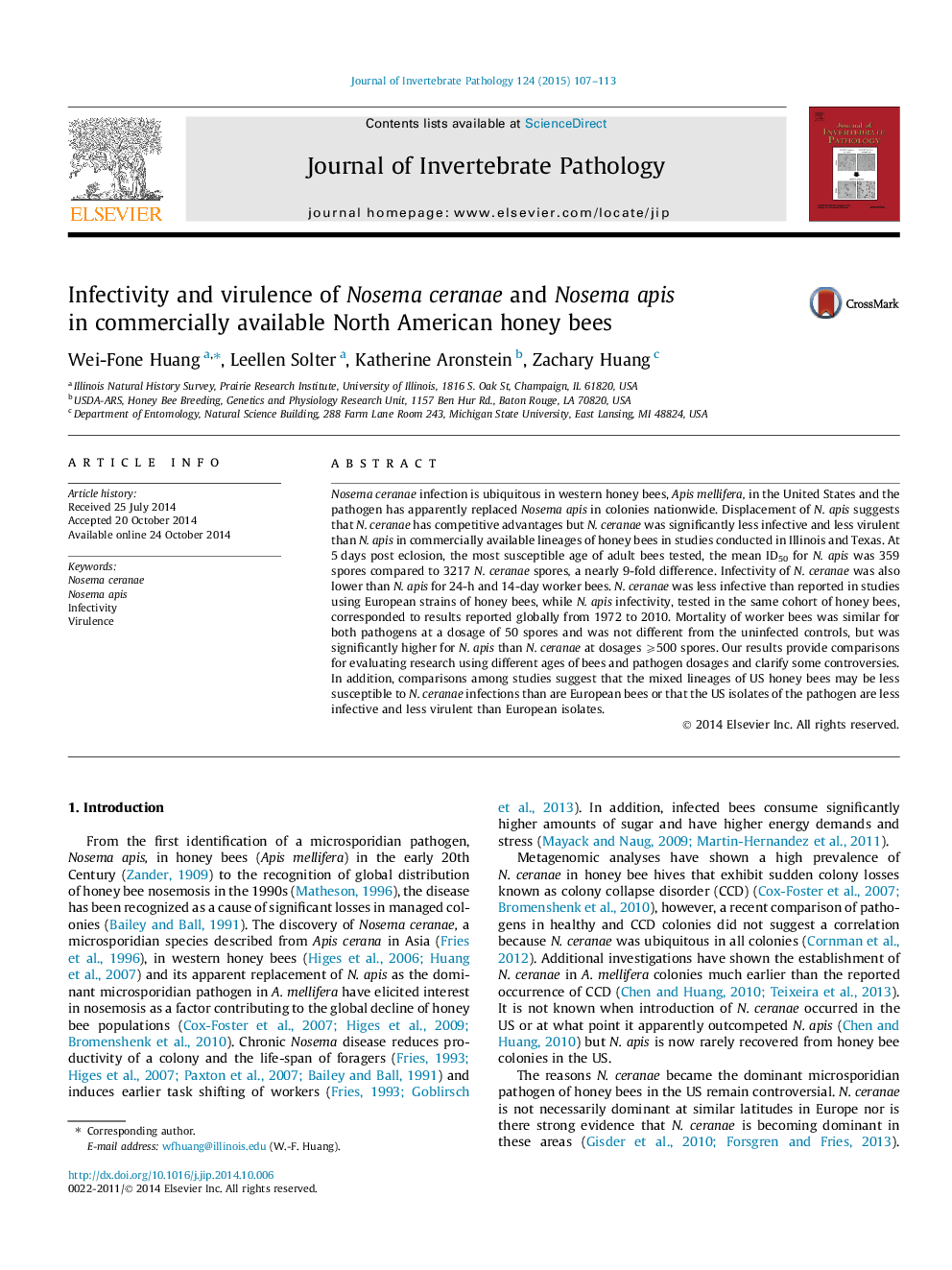 Infectivity and virulence of Nosema ceranae and Nosema apis in commercially available North American honey bees