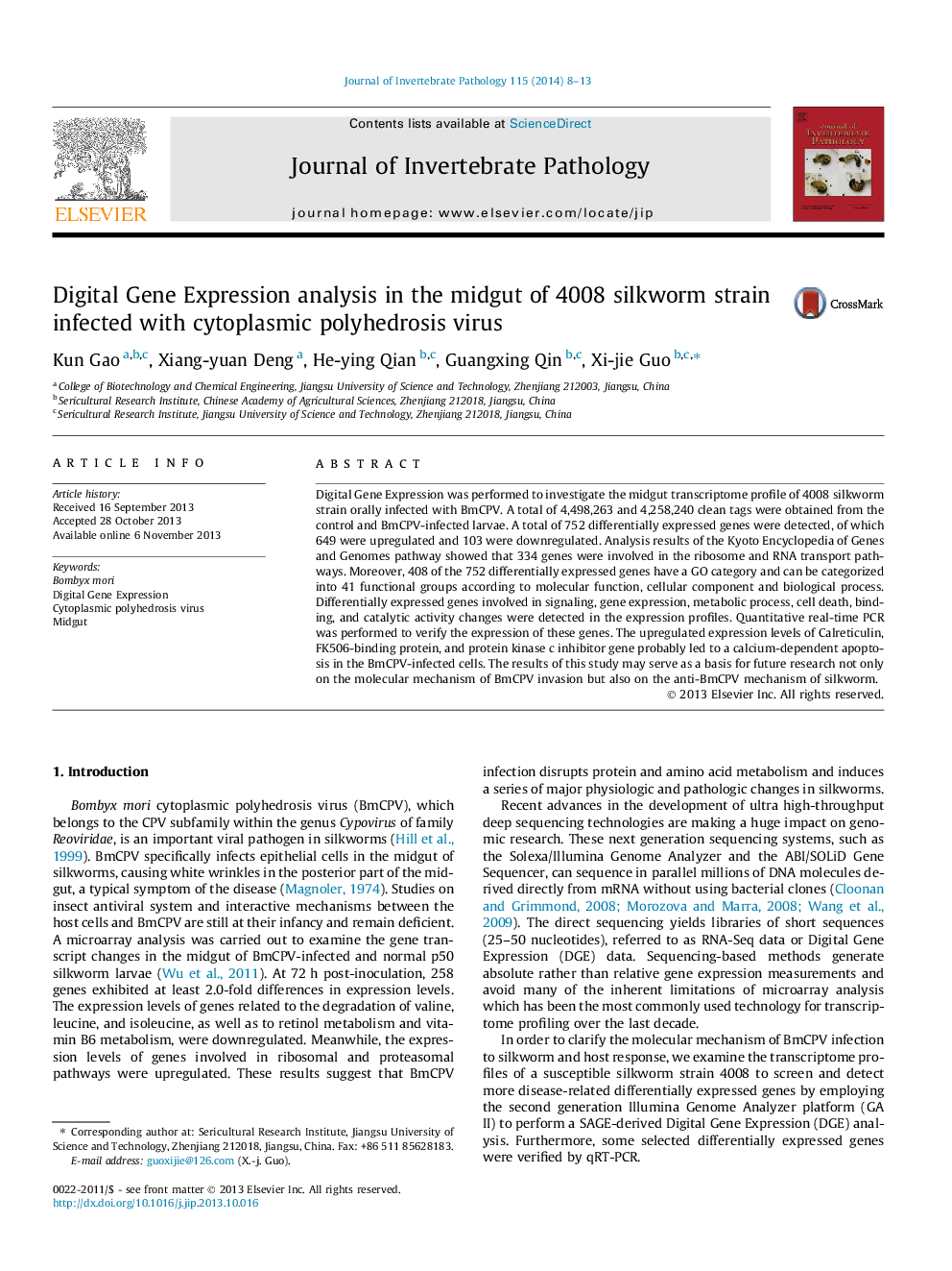 Digital Gene Expression analysis in the midgut of 4008 silkworm strain infected with cytoplasmic polyhedrosis virus