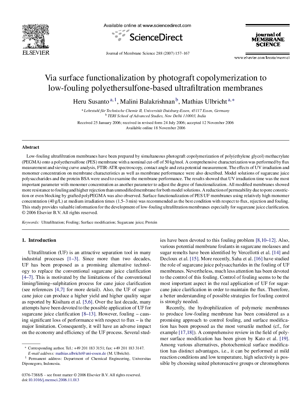 Via surface functionalization by photograft copolymerization to low-fouling polyethersulfone-based ultrafiltration membranes