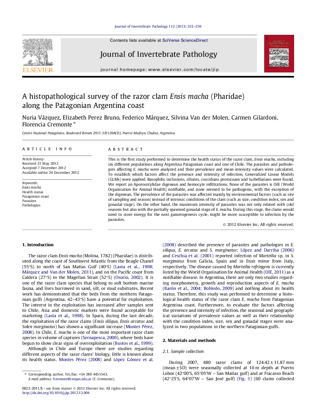 A histopathological survey of the razor clam Ensis macha (Pharidae) along the Patagonian Argentina coast