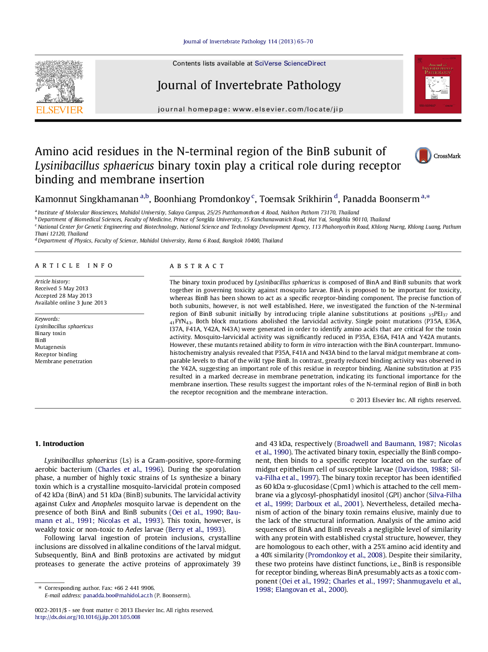 Amino acid residues in the N-terminal region of the BinB subunit of Lysinibacillus sphaericus binary toxin play a critical role during receptor binding and membrane insertion