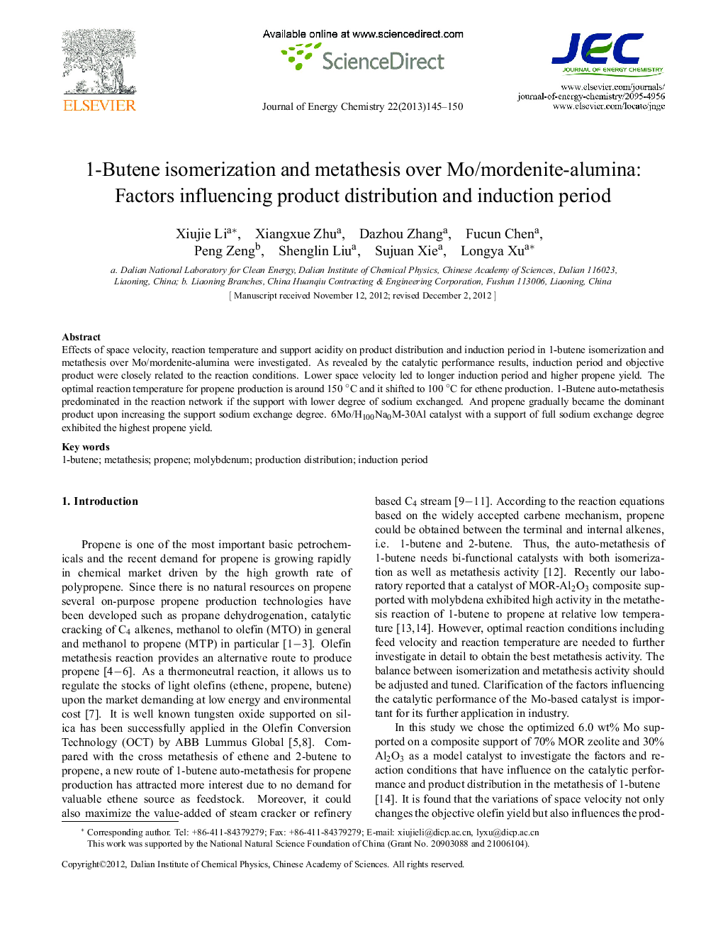 1-Butene isomerization and metathesis over Mo/mordenite-alumina: Factors influencing product distribution and induction period 