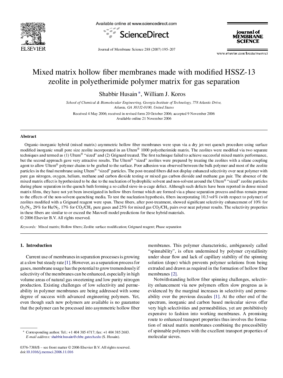 Mixed matrix hollow fiber membranes made with modified HSSZ-13 zeolite in polyetherimide polymer matrix for gas separation