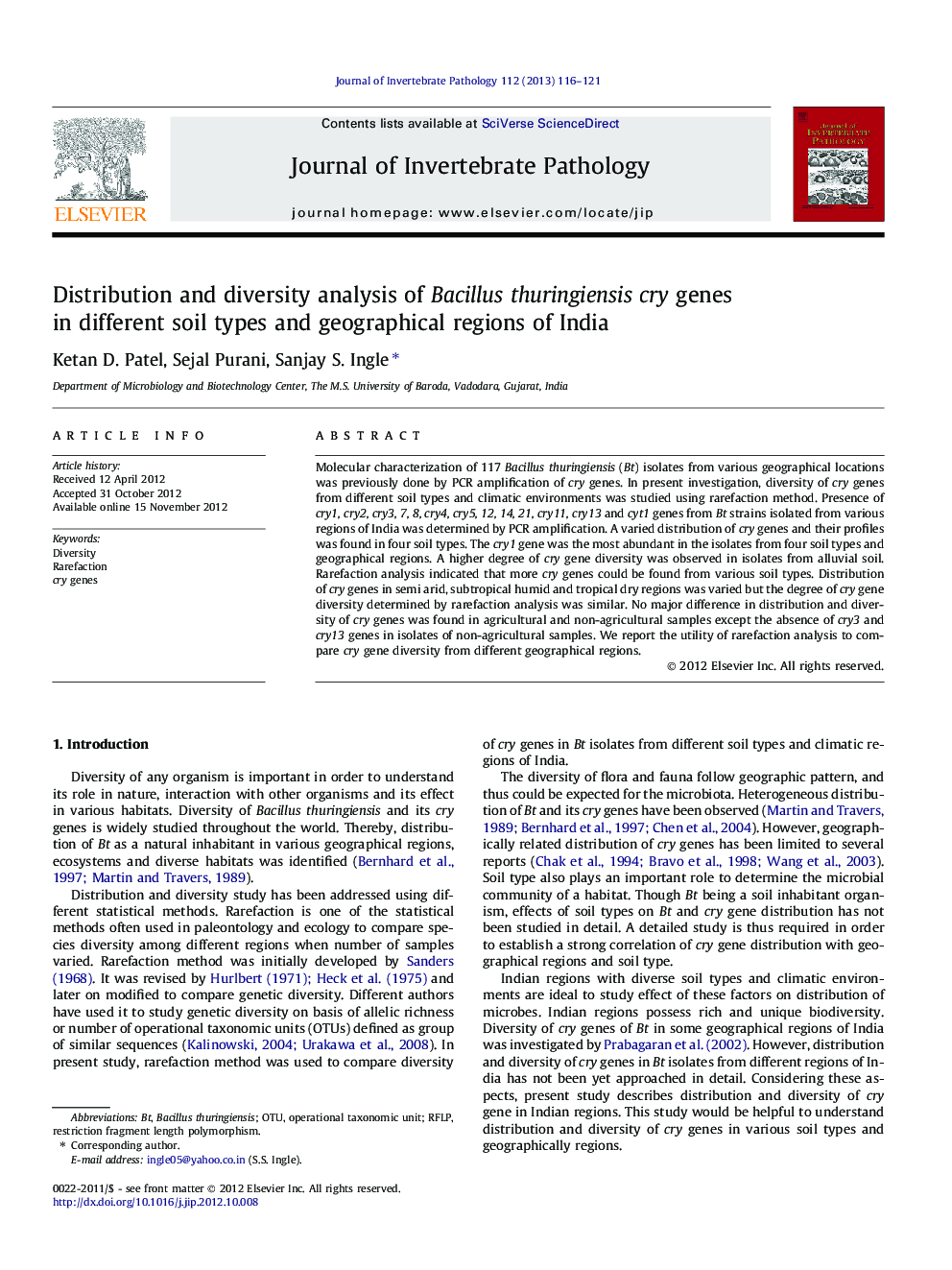 Distribution and diversity analysis of Bacillus thuringiensis cry genes in different soil types and geographical regions of India