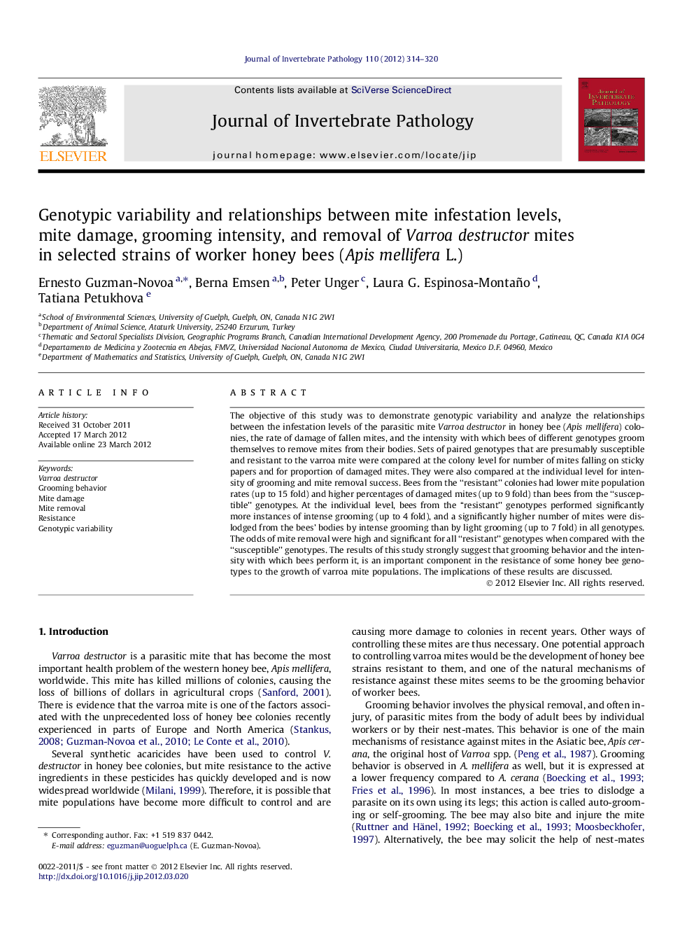 Genotypic variability and relationships between mite infestation levels, mite damage, grooming intensity, and removal of Varroa destructor mites in selected strains of worker honey bees (Apis mellifera L.)