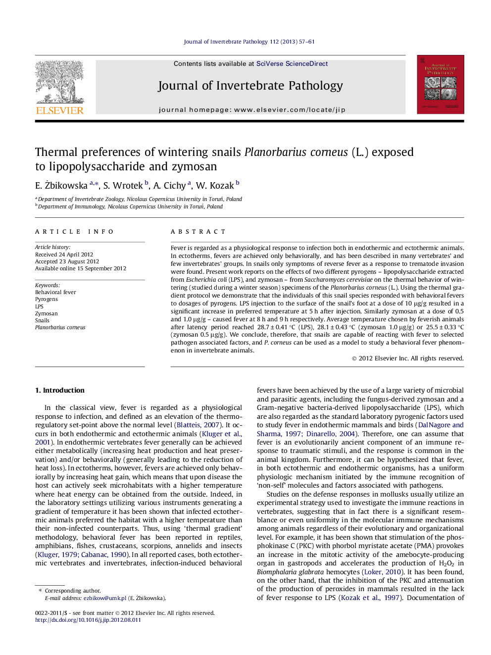 Thermal preferences of wintering snails Planorbarius corneus (L.) exposed to lipopolysaccharide and zymosan