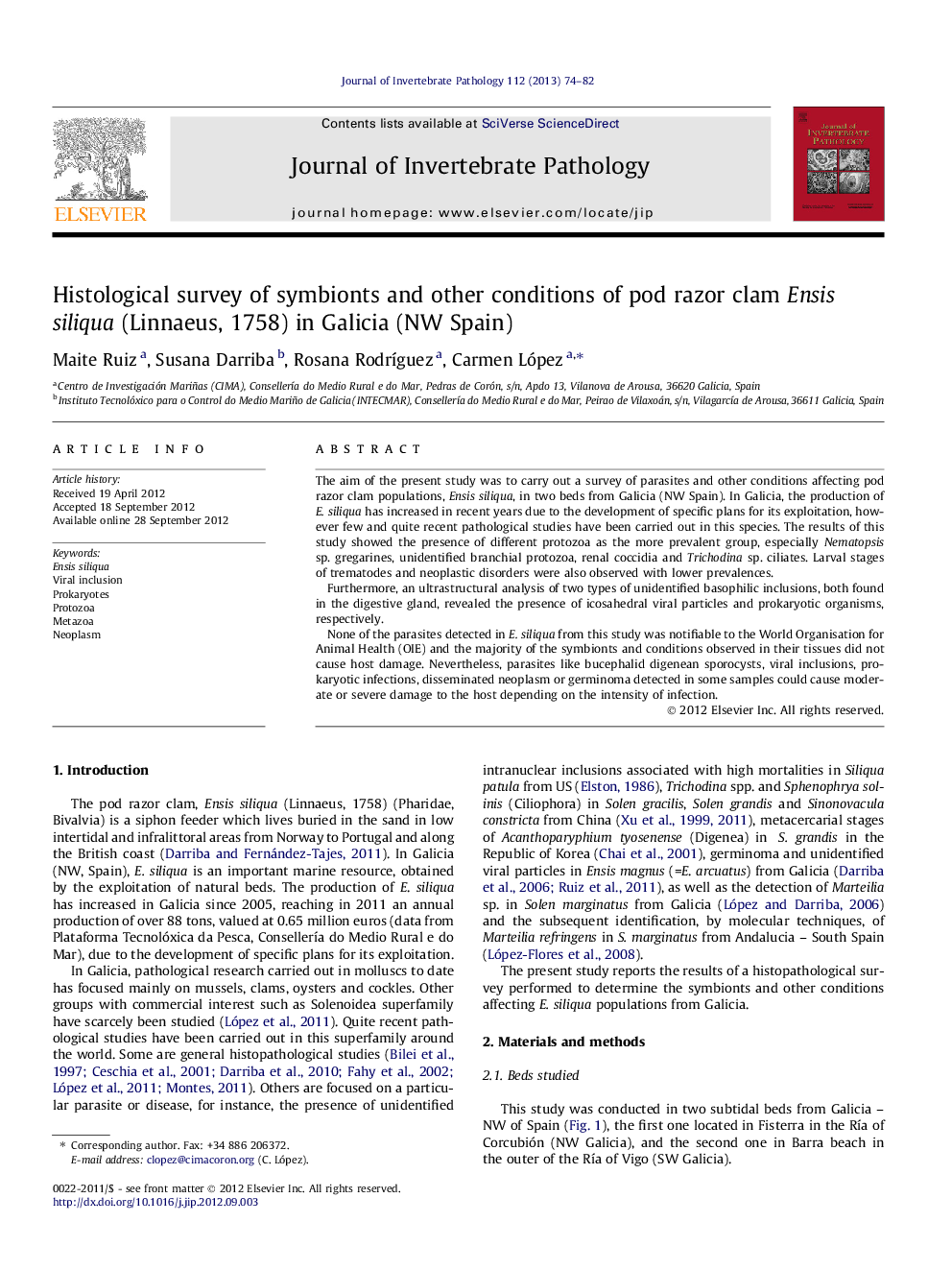 Histological survey of symbionts and other conditions of pod razor clam Ensis siliqua (Linnaeus, 1758) in Galicia (NW Spain)