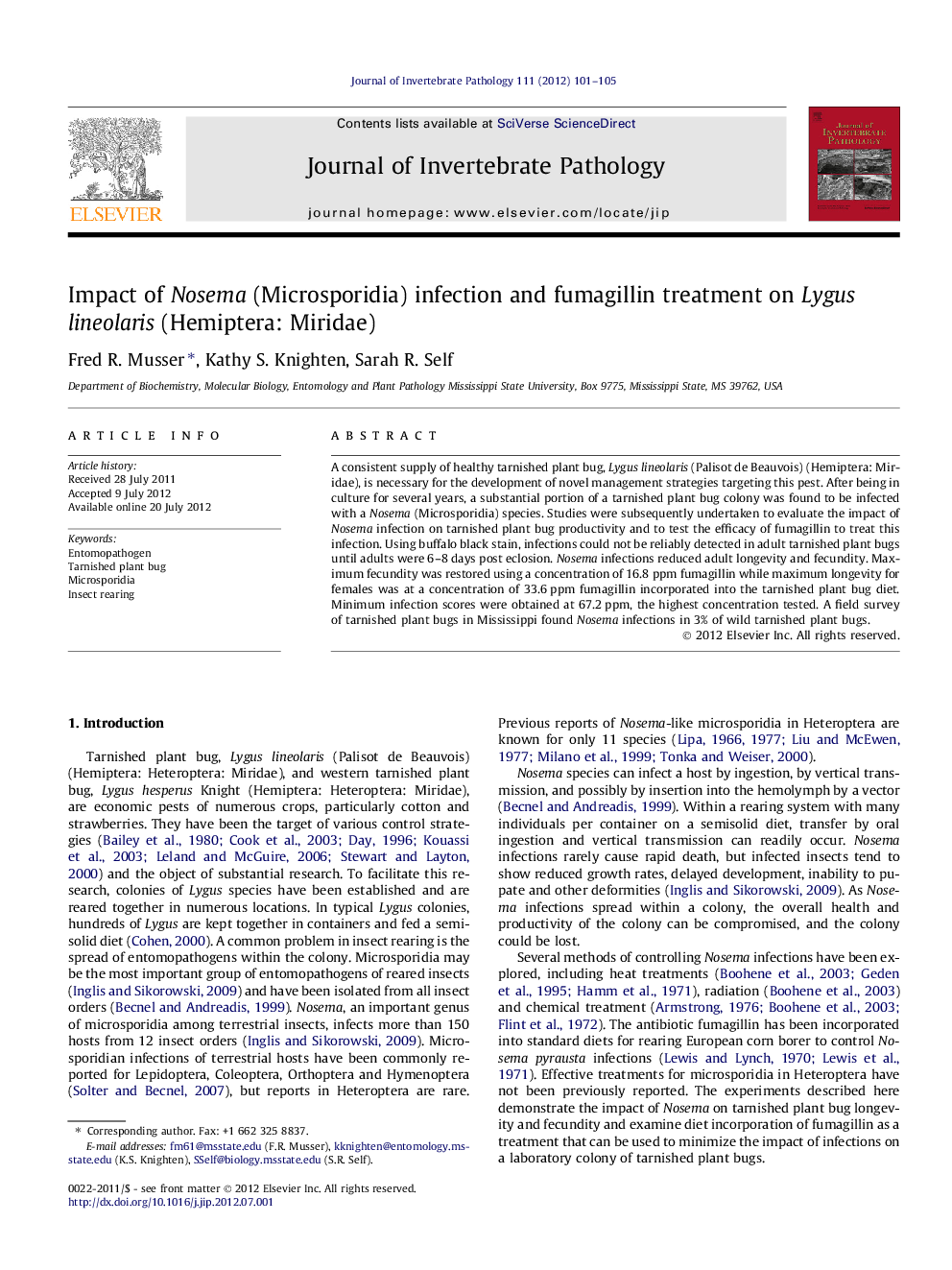 Impact of Nosema (Microsporidia) infection and fumagillin treatment on Lygus lineolaris (Hemiptera: Miridae)