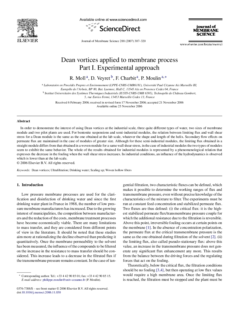 Dean vortices applied to membrane process: Part I. Experimental approach