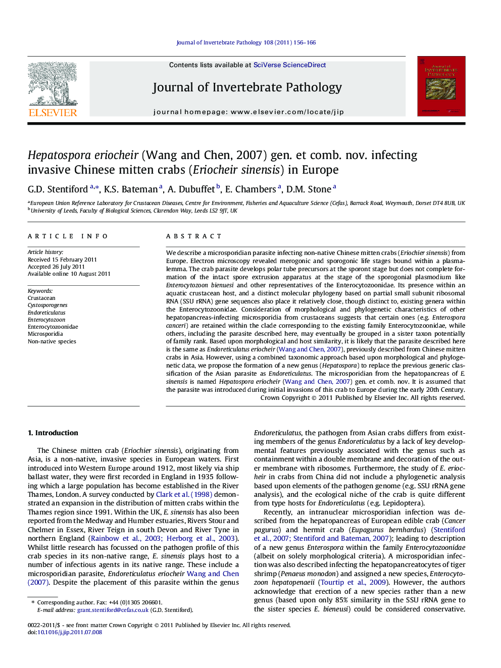 Hepatospora eriocheir (Wang and Chen, 2007) gen. et comb. nov. infecting invasive Chinese mitten crabs (Eriocheir sinensis) in Europe