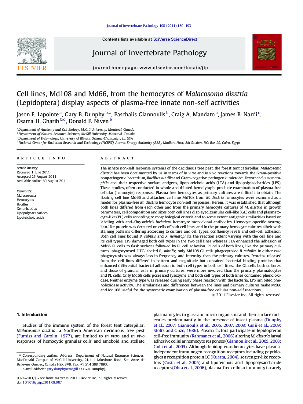 Cell lines, Md108 and Md66, from the hemocytes of Malacosoma disstria (Lepidoptera) display aspects of plasma-free innate non-self activities