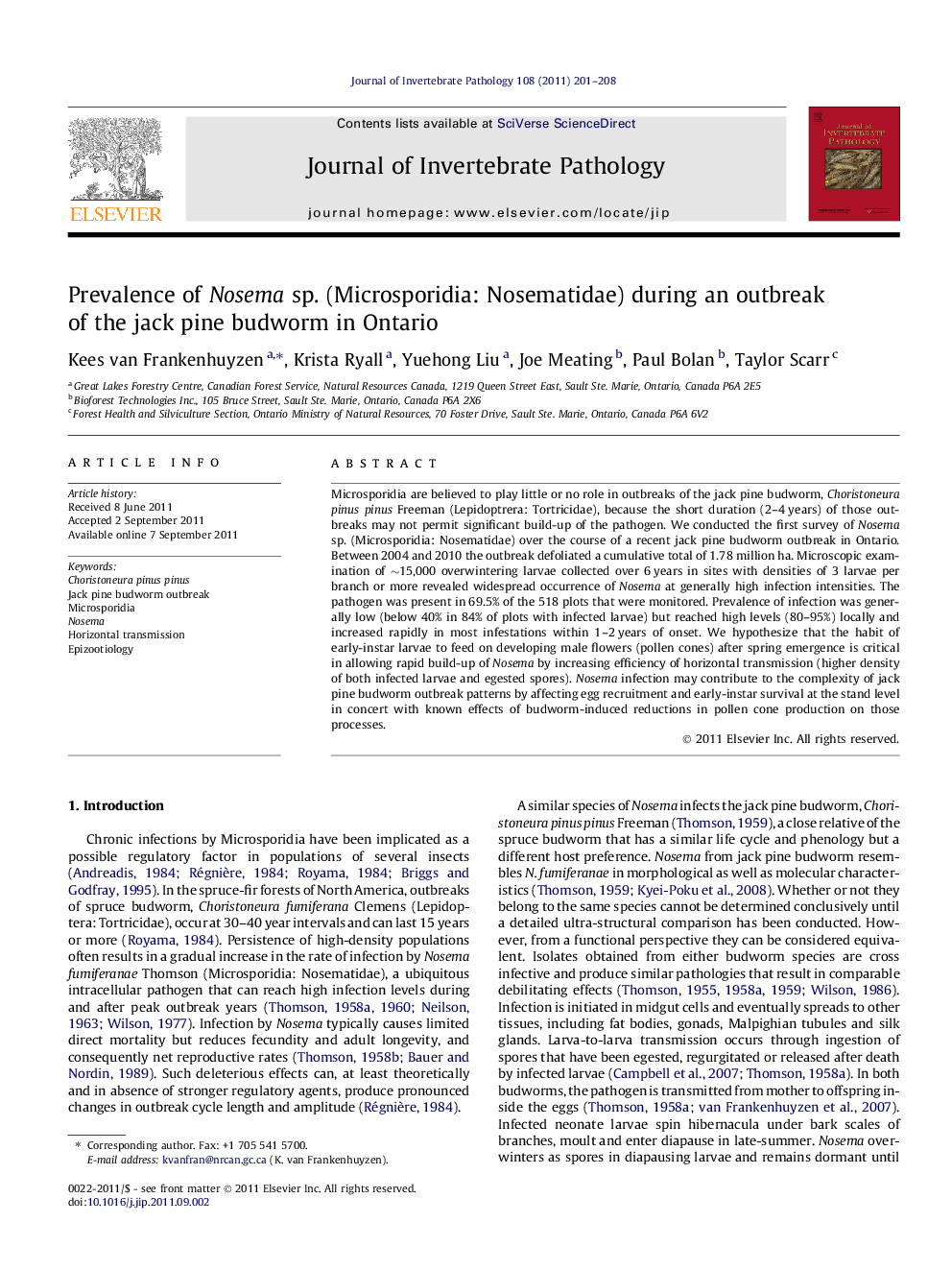 Prevalence of Nosema sp. (Microsporidia: Nosematidae) during an outbreak of the jack pine budworm in Ontario