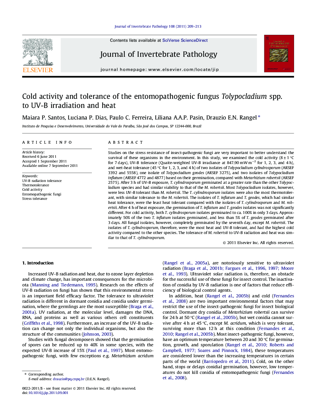 Cold activity and tolerance of the entomopathogenic fungus Tolypocladium spp. to UV-B irradiation and heat