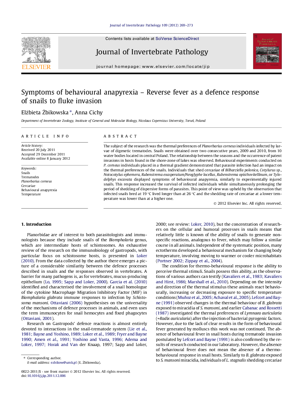 Symptoms of behavioural anapyrexia - Reverse fever as a defence response of snails to fluke invasion