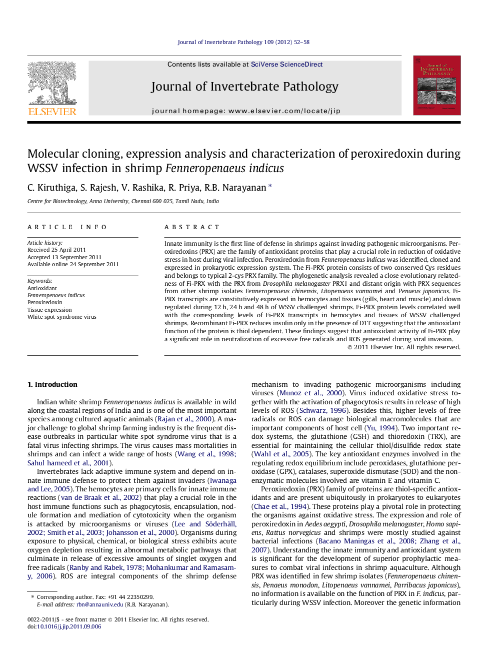 Molecular cloning, expression analysis and characterization of peroxiredoxin during WSSV infection in shrimp Fenneropenaeus indicus