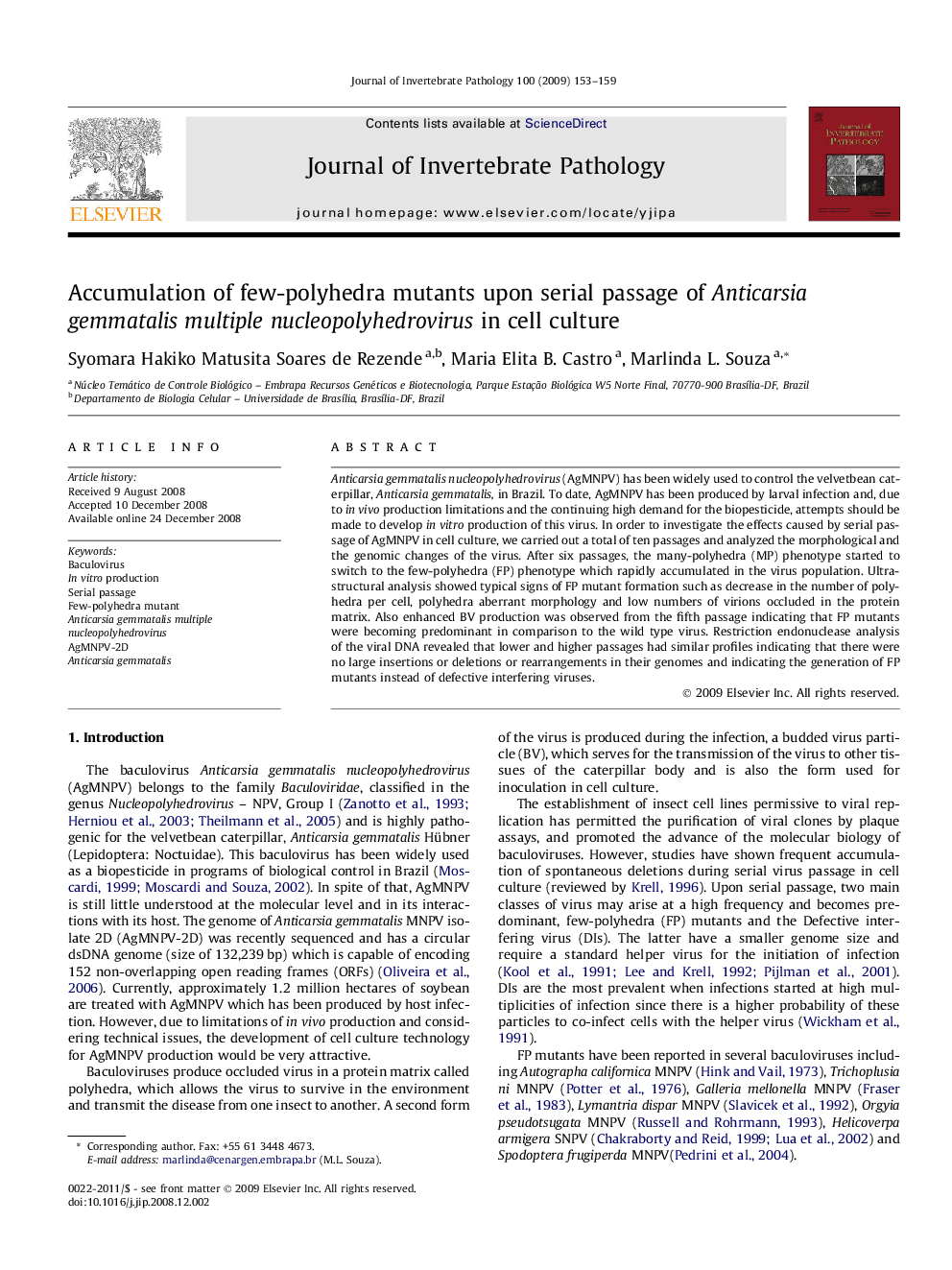 Accumulation of few-polyhedra mutants upon serial passage of Anticarsia gemmatalis multiple nucleopolyhedrovirus in cell culture