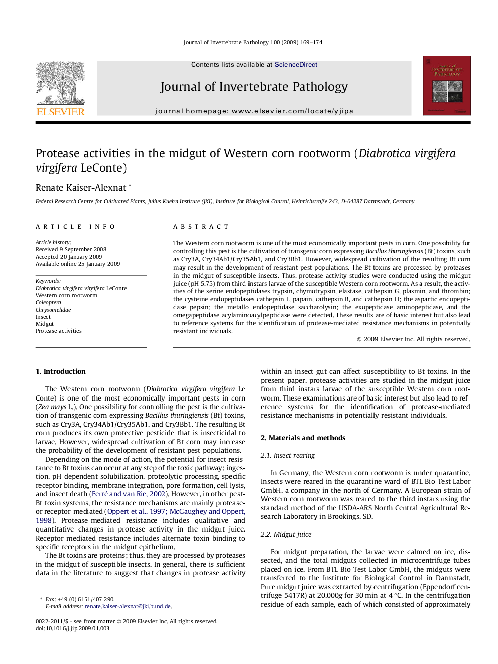 Protease activities in the midgut of Western corn rootworm (Diabrotica virgifera virgifera LeConte)