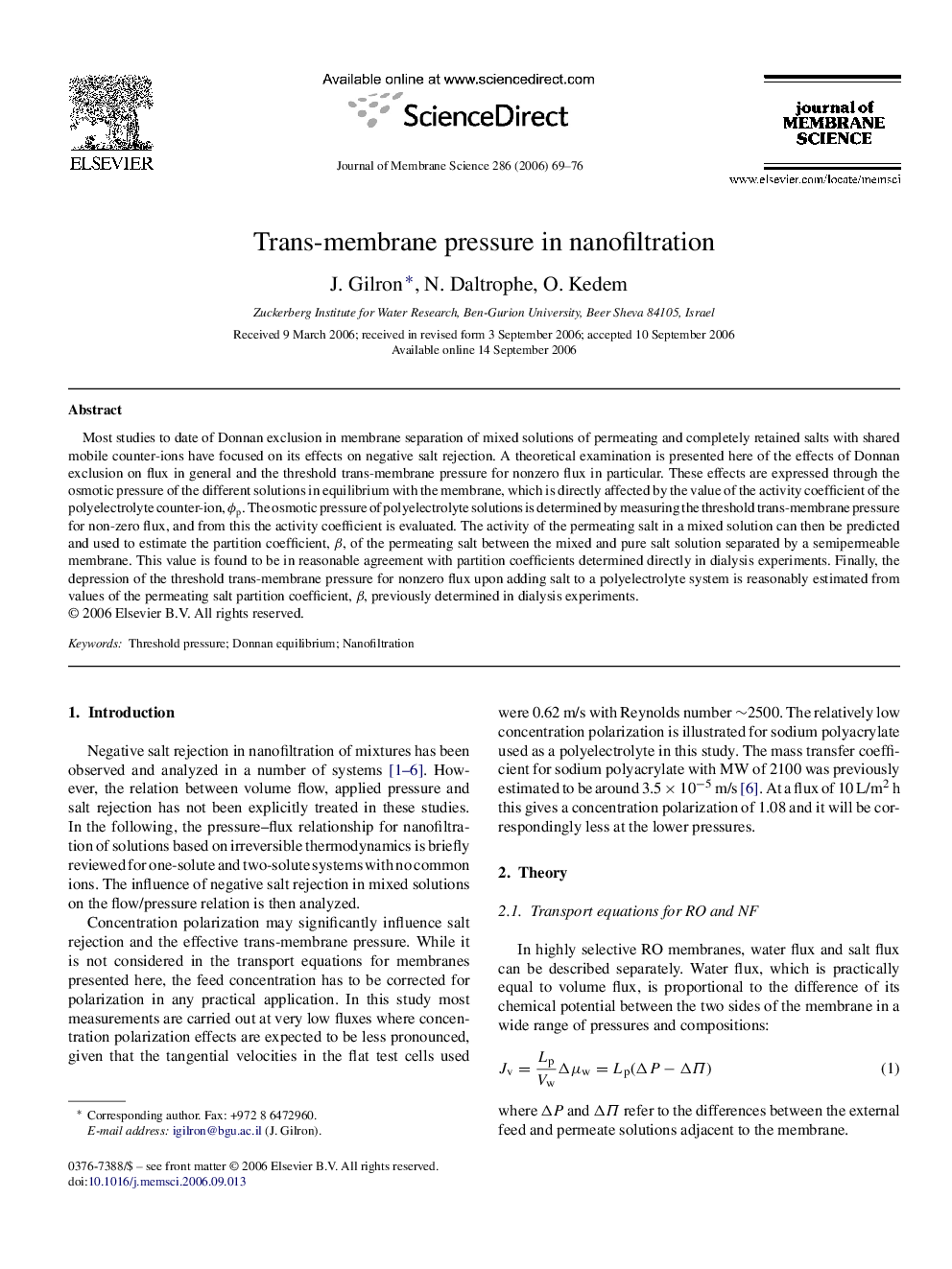 Trans-membrane pressure in nanofiltration