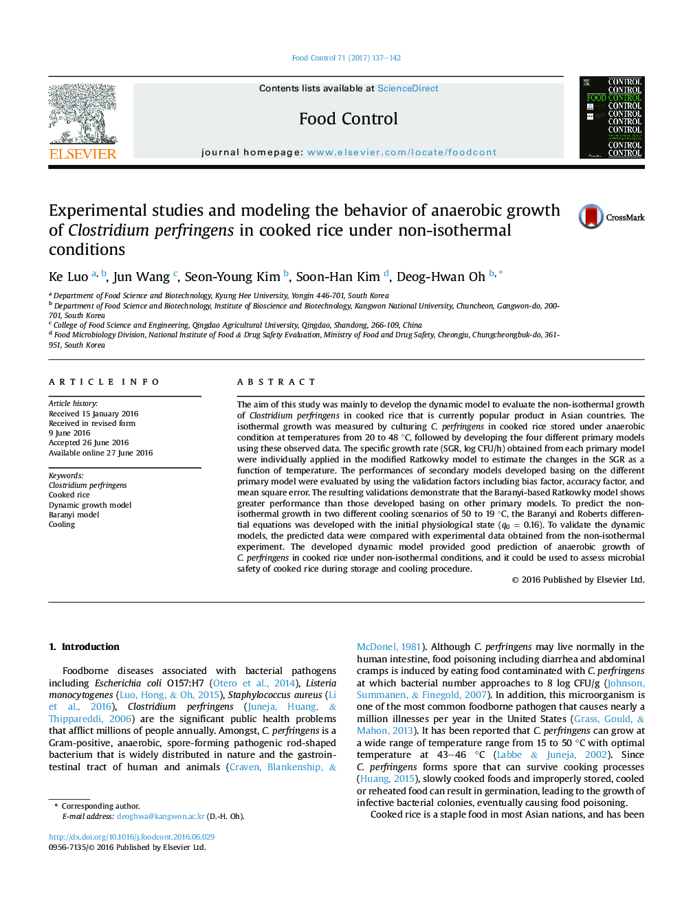 Experimental studies and modeling the behavior of anaerobic growth of Clostridium perfringens in cooked rice under non-isothermal conditions