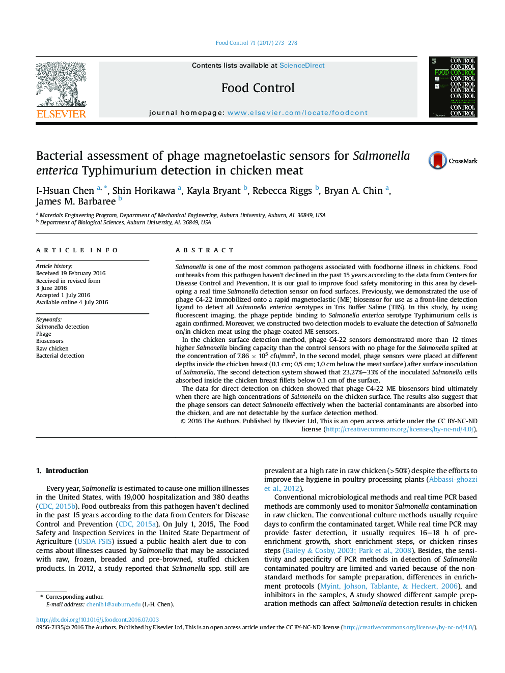 Bacterial assessment of phage magnetoelastic sensors for Salmonella enterica Typhimurium detection in chicken meat