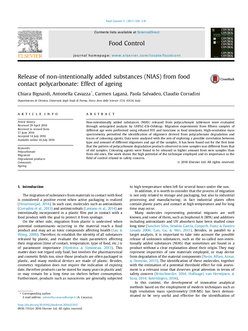 Release of non-intentionally added substances (NIAS) from food contact polycarbonate: Effect of ageing