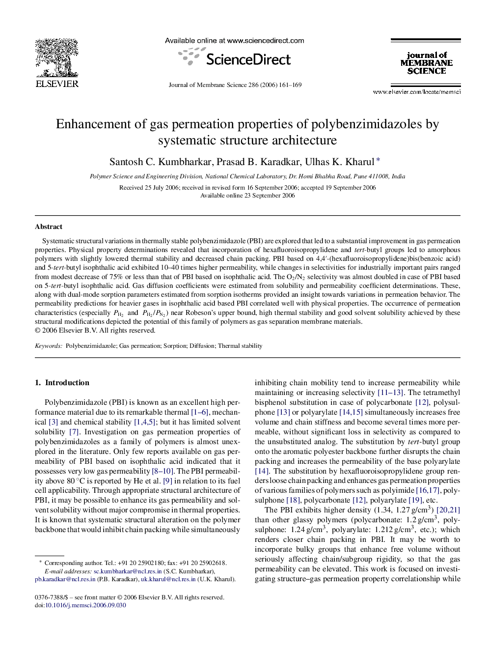 Enhancement of gas permeation properties of polybenzimidazoles by systematic structure architecture