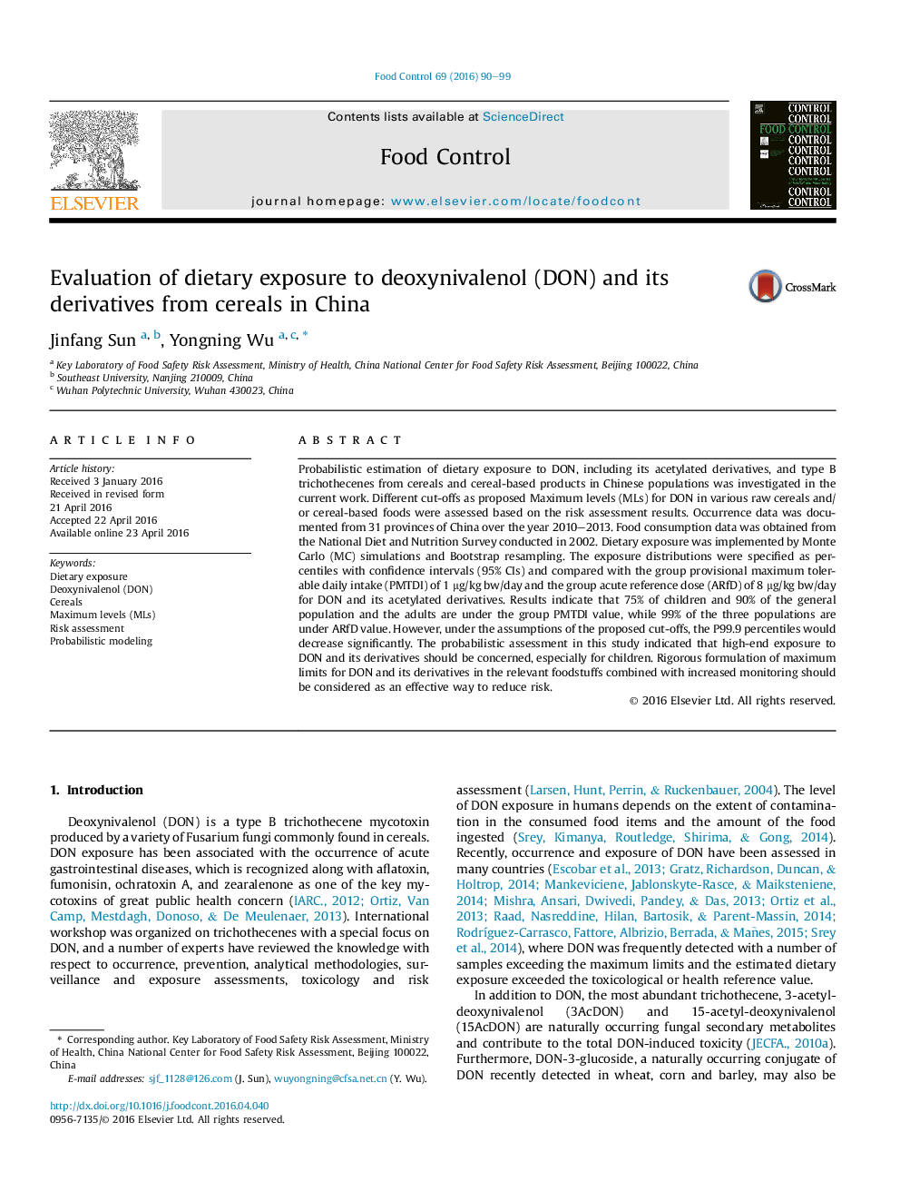 Evaluation of dietary exposure to deoxynivalenol (DON) and its derivatives from cereals in China