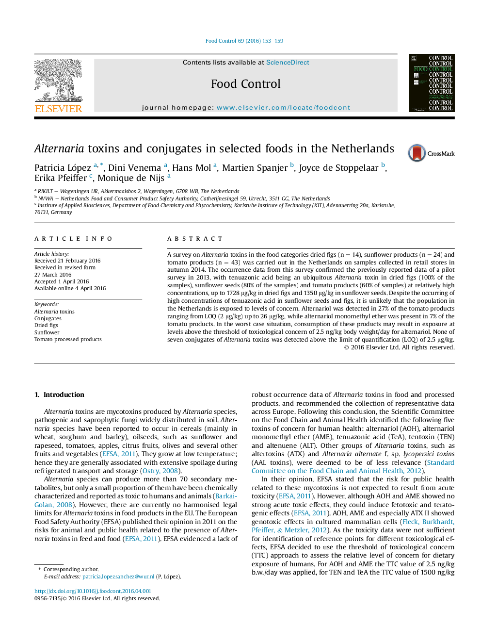 Alternaria toxins and conjugates in selected foods in the Netherlands