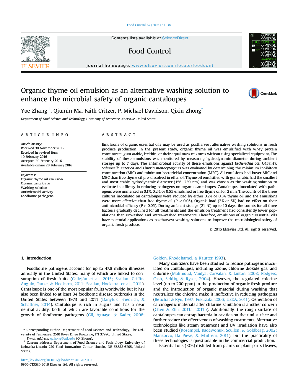 Organic thyme oil emulsion as an alternative washing solution to enhance the microbial safety of organic cantaloupes