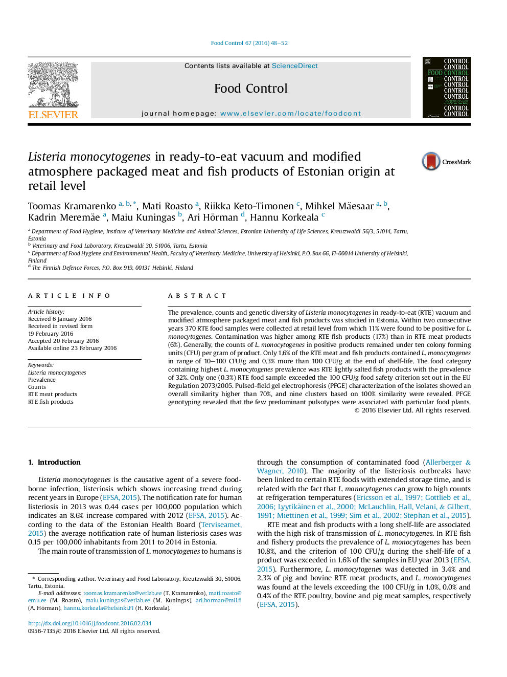 Listeria monocytogenes in ready-to-eat vacuum and modified atmosphere packaged meat and fish products of Estonian origin at retail level