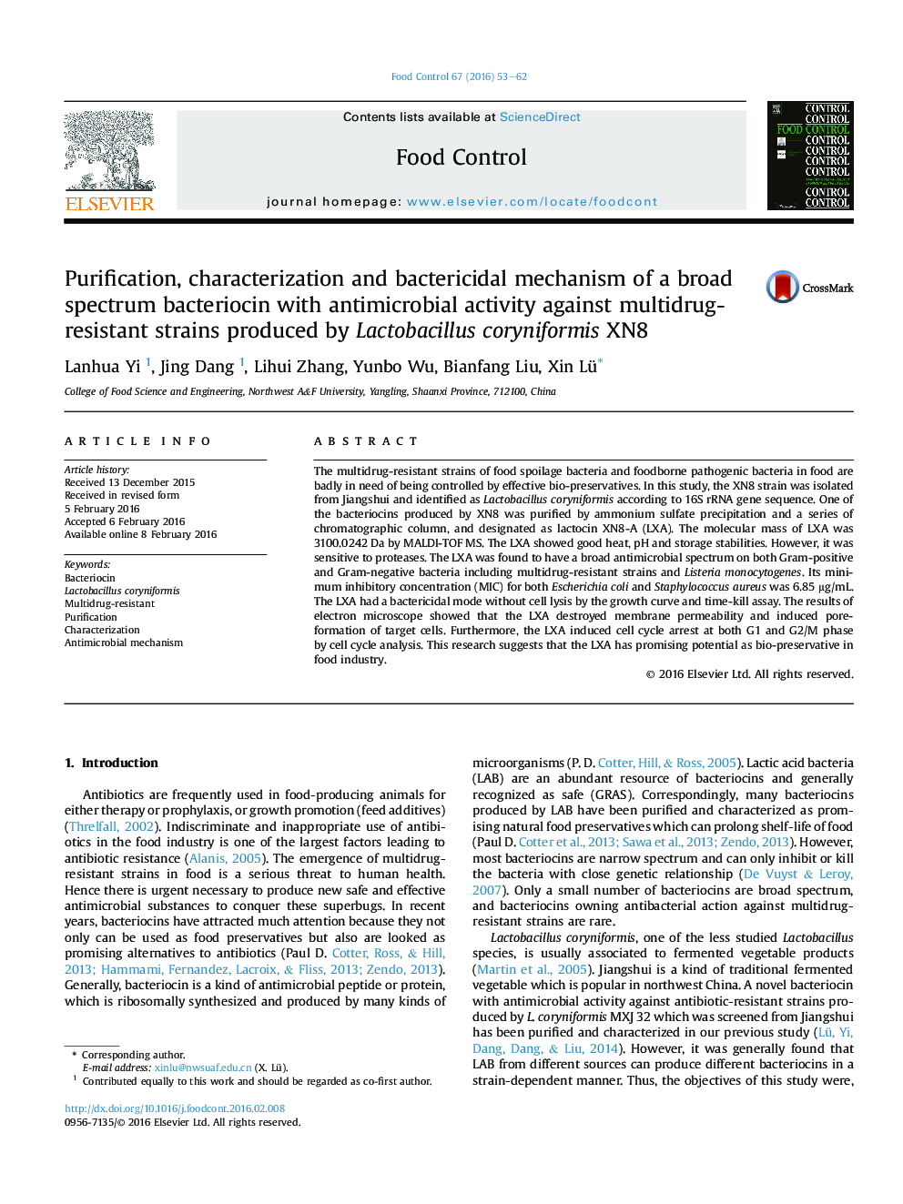 Purification, characterization and bactericidal mechanism of a broad spectrum bacteriocin with antimicrobial activity against multidrug-resistant strains produced by Lactobacillus coryniformis XN8