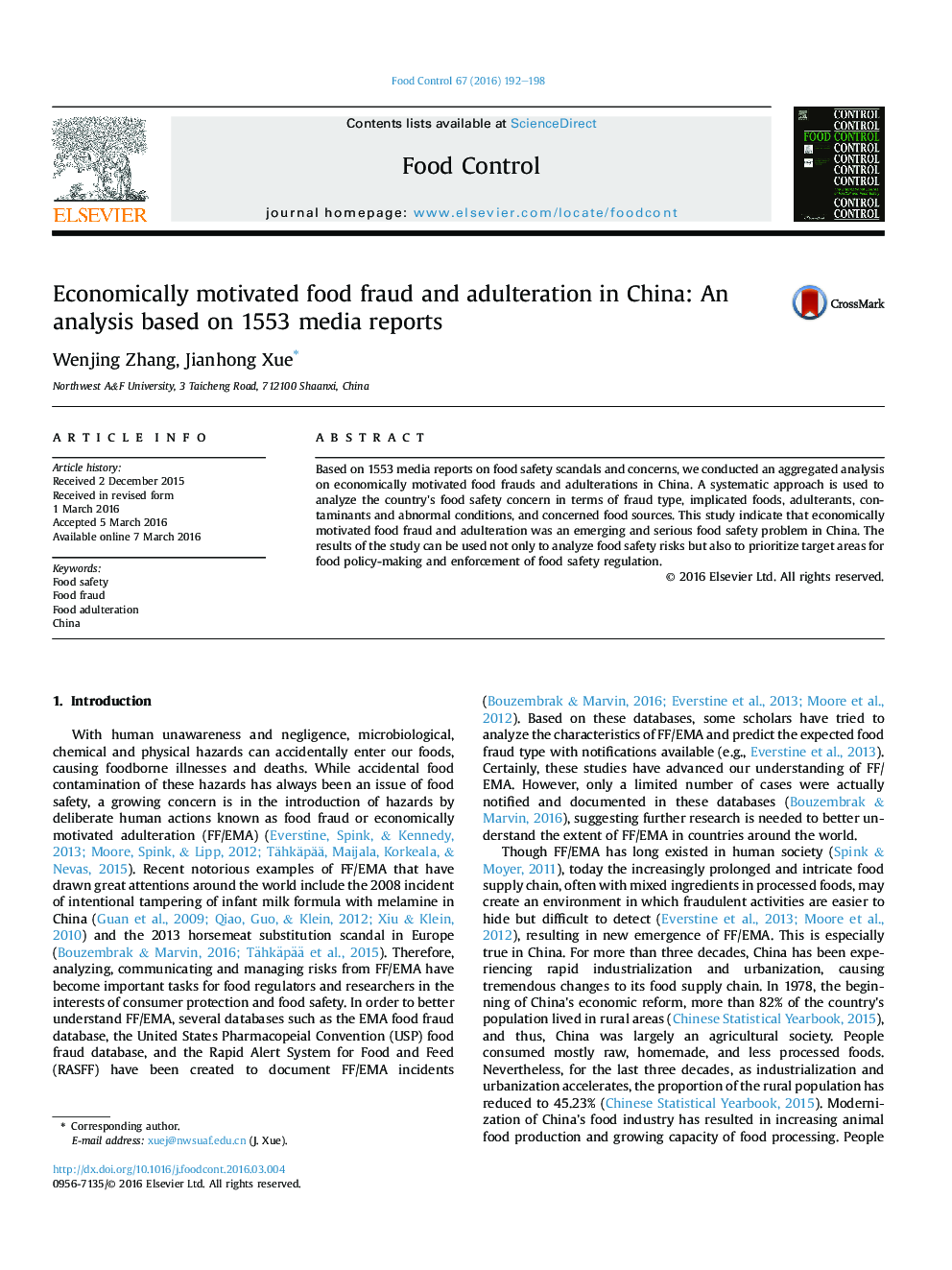 Economically motivated food fraud and adulteration in China: An analysis based on 1553 media reports