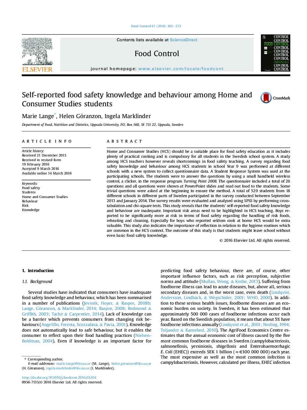 Self-reported food safety knowledge and behaviour among Home and Consumer Studies students