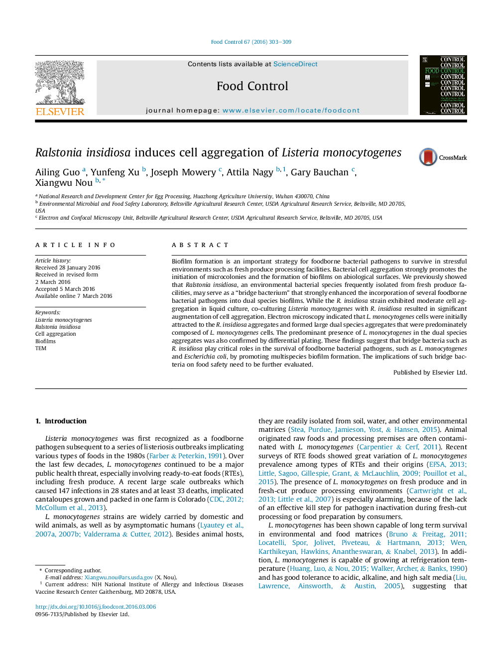 عکس صفحه اول مقاله: Ralstonia insidiosa induces cell aggregation of Listeria monocytogenes Ralstonia insidiosa induces cell aggregation of Listeria monocytogenes
