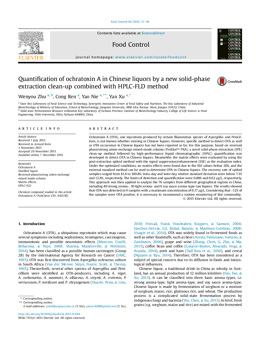 Quantification of ochratoxin A in Chinese liquors by a new solid-phase extraction clean-up combined with HPLC-FLD method