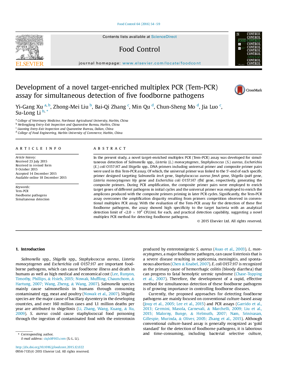 Development of a novel target-enriched multiplex PCR (Tem-PCR) assay for simultaneous detection of five foodborne pathogens