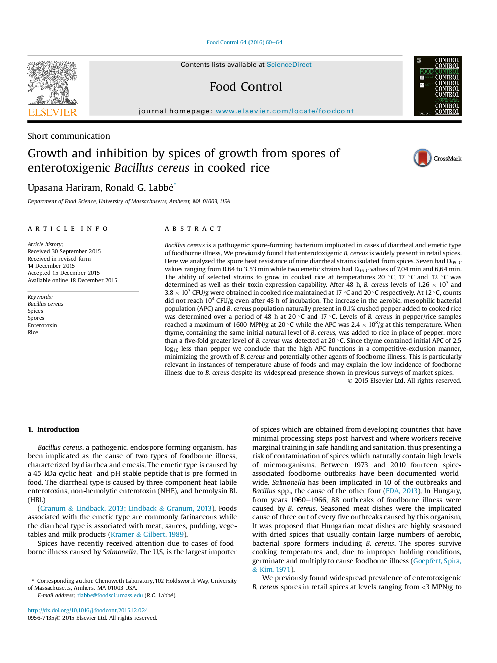 Growth and inhibition by spices of growth from spores of enterotoxigenic Bacillus cereus in cooked rice