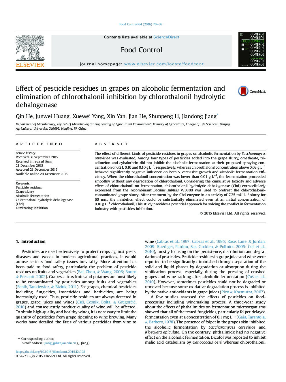 Effect of pesticide residues in grapes on alcoholic fermentation and elimination of chlorothalonil inhibition by chlorothalonil hydrolytic dehalogenase