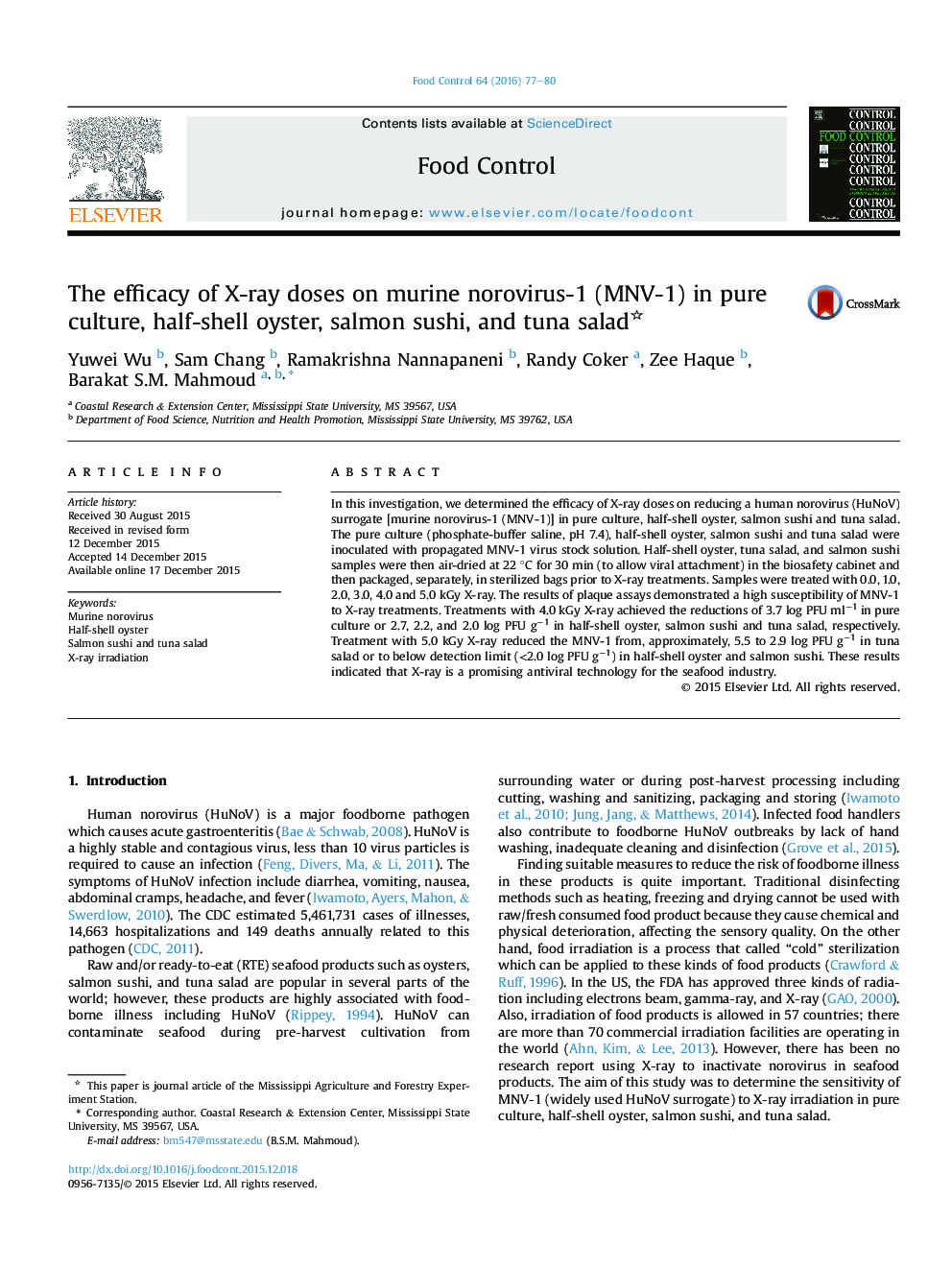 The efficacy of X-ray doses on murine norovirus-1 (MNV-1) in pure culture, half-shell oyster, salmon sushi, and tuna salad