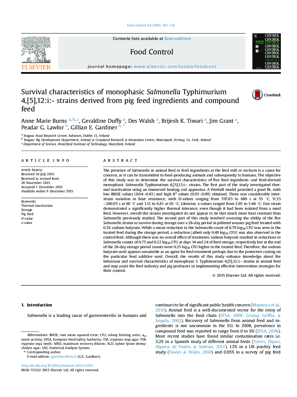 Survival characteristics of monophasic Salmonella Typhimurium 4,[5],12:i:- strains derived from pig feed ingredients and compound feed